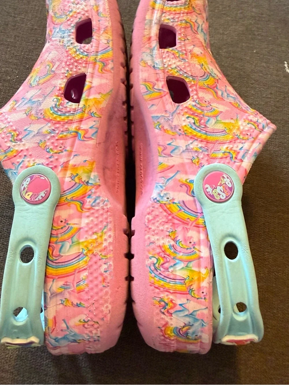Lisa Frank Crocs Girls Size 2 Pink Floral Sandals - slip on- unicorns, rainbow